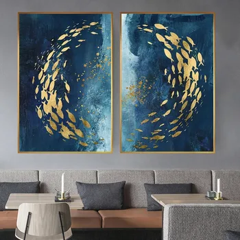 Zlato Ribe Povzetek Platno Slikarstvo Big Blue Poster Tiskanje Kitajski Razkošno Wall Art za dnevno Sobo Oltarja Zlato Seznam Sliko