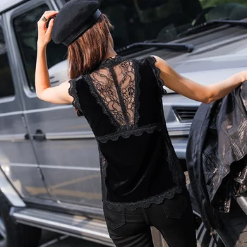 Čipke pathcwork slim tank zgornji del ženske modni elastična Proti-vrat seksi brez rokavov black vrhovi 2021 pomlad poletje nov prihod