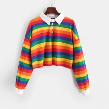 Ženske barvni trak gumb river dolgo sleeved vrh puloverju kratka športna majica vrh multicolor multi-velikost женские блузки 40*