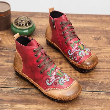 Ženske boot jeseni, pozimi vezenje Kitajski nacionalni slog kratke čevlji plus žamet bombaž čevlji retro usnje ravno ženske boot