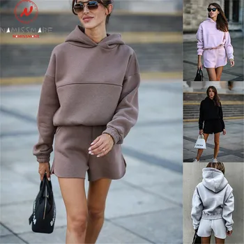 Ženske Priložnostne Svoboden 2 Kos Obleke Hooded Design Žepi Dekor O-Vratu Long Sleeve Solid Color Hoodies+Elastični Visoko Pasu Hlače