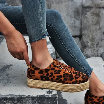 Ženske Stanovanj Priložnostne Čevlji Jeseni Mode Leopard Prostem Dihanje Nekaj Čevlji Ženska Platformo Čipke Plus Velikost 35-43