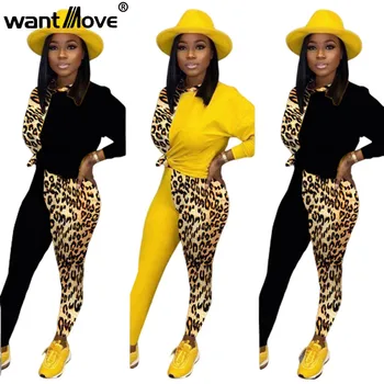 2019 Nove ženske 2 kos obleke Wantmove seksi leopard trdna šivanje dolg rokav crop tops slim hlače na prostem sportwear WM1080