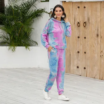 2020 Jeseni, Pozimi Ženske Pižame Nastavite Hooded Tie Dye Salon Nastavite Ženske Sleepwear Nastavite Loungewear Dolg Rokav Homewear Pijama