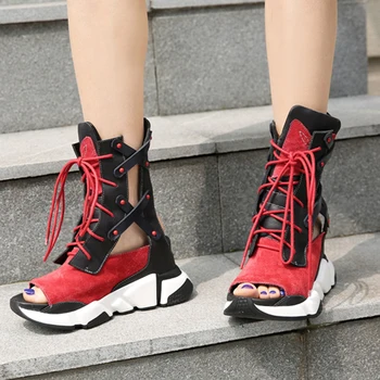 2020 nov poletni športni sandali boot ženski usnjeni čipke-up debel-soled notranje povečanje Roman študentske športne sandale