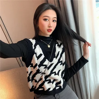 2020 Nove Ženske Pleteni Pulover Jeseni Korejskem Slogu Letnik Geometrijske Houndstooth V Vratu Brez Rokavov Modni Trend Svoboden