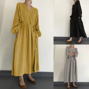 2021 Moda za Ženske obleke ZANZEA Ženske V Vratu Priložnostne Luč Dolg Rokav Obleke, Sredi Tele Vestidos Elegantno Žensko Bohemian Robe