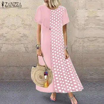 2021 ZANZEA Moda Natisnjeni Mozaik Maxi Obleka Ženske Poletje Sundress Kratek Rokav Polka Dot Vestidos Plus Velikost Priložnostne Robe