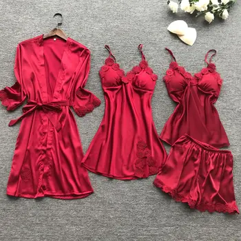 4 Kosov Ženske Haljo Obleke Določa Saten Sleepwear Poletje Svile, Kopalni Plašč More Kratek Pyjama Spanja Salon Pižamo Oblačilih