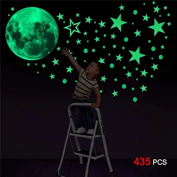 435pcs Zvezde Pike Zelene Svetleče Stenske Nalepke Igrače s 30 cm Luna Otroci Soba, Strop Stopnicah Dekoracijo Fluorescentna Nalepka