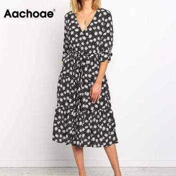 Aachoae Ženske Cvjetnim Tiskanja Priložnostne Dolge Obleke Do Leta 2020 V Vratu Elegantno Linijo Obleko Ženski Long Sleeve Vintage Midi Obleko Haljo Femme