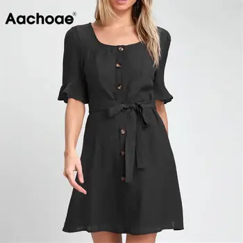 Aachoae Ženske Poletje Obleko Priložnostne Kratek Rokav Elegantno Povoj Black Stranka Obleko Gumbi, Mini Plaža Obleko Sundress Vestidos