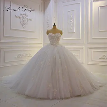 Amanda Design vestido de novia manga larga brez naramnic Čipke Aplicirano Zabuhle Žogo Obleke Poročni Obleki