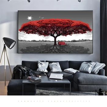 Art Moderne Rdeče Drevo, Klop Krajinske Slike Za Dnevno Sobo Črno Belo Art Dekorativne Slike Wall Art Dom Dekoracija