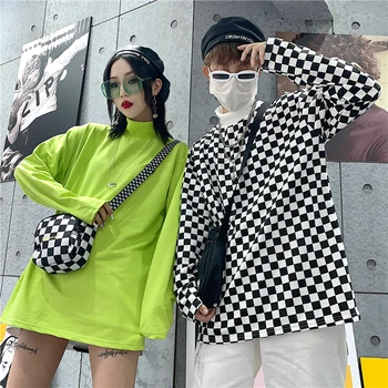 BF Harajuku nova velika velikost svoboden priložnostne modni ženski Turtleneck kariran dolgo sleeved hip hop osebnost Bombaža T-shirt vrhovi tee