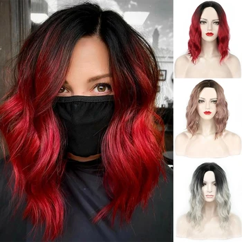 DIANQI sintetičnih bob kratek vijugasto ombre črna rdeča naravnih las lasuljo toploto odporna vlakna, cosplay lolita lasulje za ženske