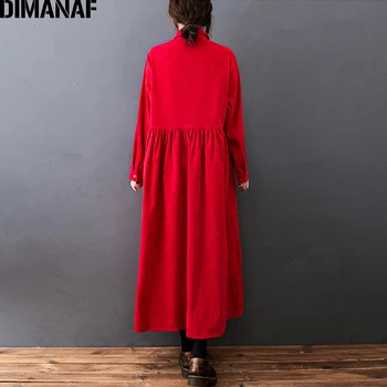 DIMANAF 2021 Plus Velikost Ženske obleke Letnik Dolg Rokav Naguban Elegantna Dama Vestidos Velvet Svoboden Dolgo Obleko Pomlad Oblačila