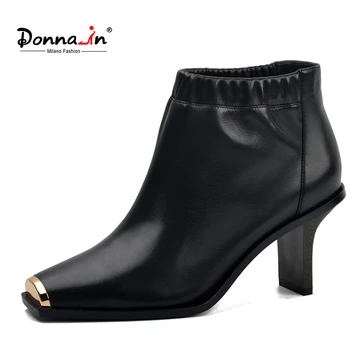 Donna-v Potrditev Črpalke Ženske Čevlje z Visokimi petami Platformo Pravega Usnja, Črna Kovinski Kvadratni Toe Čevlji