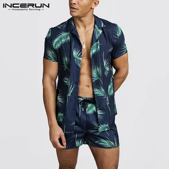 INCERUN Moda Natisnjeni Moških Hawaiian Določa 2021 Beach Kratek Rokav River Poletje Priložnostne Srajco & Hlače Ulične Mens Obleko S-5XL
