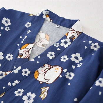 Japonski Kimono Style Pajama Ženske Moški Par Mačka Tiskanja Vzročno Homewear Tradicionalna Oblačila Znoj Spa Vrh Hlače Yukata Haljo Set