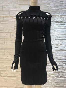 K&L Polovica visoko vratu openwork pletene pleteno obleko ženske jeseni leta 2020 nove unisex minimalističen slog dolg rokav tesen midi krilo