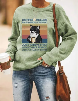 Kava Napisali Pismo Tiskanje Prevelik Crewneck Majica Ženske Luštna Mačka Grafika Hoodies Skakalec 2020 Padec Zimska Oblačila
