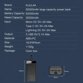KUULAA Moči Banke 50000mAh Prenosni Polnjenje PowerBank 50000 mAh USB PoverBank Zunanji Polnilec Za Xiaomi Mi iPhone 9 8