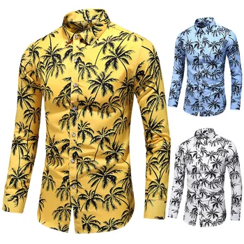 LIFENWENNA 6XL 7XL Rokavi Moški Novo Modno Osebnost Natisniti Majice z Dolgimi Rokavi Mens Priložnostne Plus Velikost Cvet Hawaiian Beach Majica