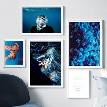 Meduze Koralni Potapljanje, Podvodni Svet Nordijska Plakatov In Fotografij Wall Art Platno Slikarstvo Stenske Slike Za Dnevna Soba Dekor