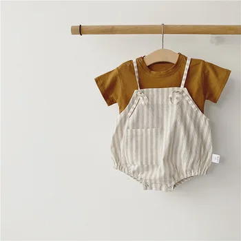 Newborn Baby Oblačila Trdna Kratek Rokav Tee in Kariran Bodysuits s Pokrivalo za Malčke Dekle Oblačila QZ056