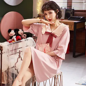 Nightgowns Sleepshirts Ženske Poletje Bombaž korejskem Slogu Zavoj navzdol Ovratnik za Tiskanje Lok Ruffles Srčkan Udobno, Elegantno Homewear Nova