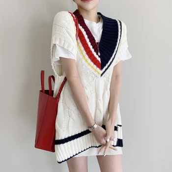 Nomikuma korejski Elegantna Potegnite Femme Proti-vrat Geometrijske Kontrast Barve Svoboden Mid-dolžina Split Pletene Telovnik Pulover Ženske 2020 Novo 6B883