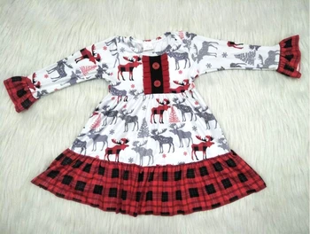 Nov prihod jelena patten baby dekleta, dolg rokav obleka božič kariran obleke otroci boutique otroška oblačila na debelo gxj