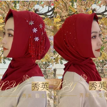 Nove luksuzne beading Muslimanske ženske headscarf instant hidžab s kravato