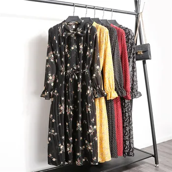 Nove Ženske Cvjetnim Tiskanja Naguban Šifon Obleko 2020 Pomlad Jesen Nov Ženski Priložnostne Flare Rokav čipke Lok Vratu Osnovne Obleke