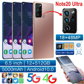 NOVO za 6,5 palčni Note20Ultre Pametni 12GB RAM 512GB ROM Dual SIM mobilni telefon Android Mobilni Telefon GPS 4G5G Omrežja Wifi