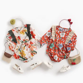 Obleka za malčke Pomlad Novega Dojenčka Dekleta z Dolgimi Rokavi Čistega Bombaža O-vratu Cvjetnim Tiskanja Romper Girls Srčkan Princesa Prostem Kostum