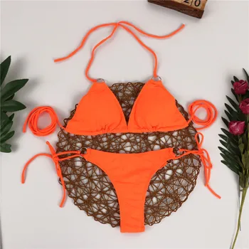 Oranžna Povodcem String bikini 2019 Seksi high cut kopalke ženske Ločeno Obroč kopalke Povoj Trikotnik biquini Plaža obrabe