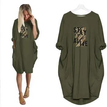 Plus Velikost Ženske obleke Leopard Pismo Tisk Svoboden Dolg Rokav O Vratu S Pocket Priložnostne Letnik Stranka Ženska MIDI Obleke Noseča