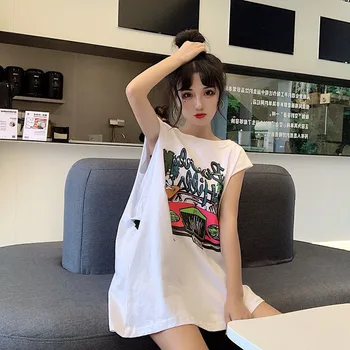 Poletje telovnik brez rokavov t-shirt žensk zunanjo rabo, športna Harajuku slog v dolgo ohlapno korejskem slogu pomlad in poletje dekle