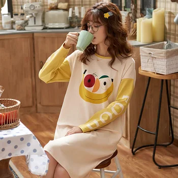 Pozimi Koreja Ženske Bombažno Pižamo Obleko z Dolgimi Rokavi Ženske Pižame M L XL 3XL 2XL Nightgowns Ženske Dolg Rokav