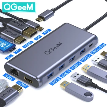 QGeeM USB C Središče za Macbook Pro Trojno Prikaz Tipa C Hub Dvojni 4K HDMI & DP Micro SD Kartico Bralci RJ45 Aux PD Zvezdišče USB Adapter