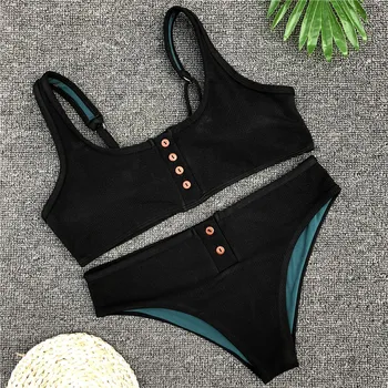 Seksi šport kopalke, Kopalke 2019 Črne Bikini Nastavite Gumb Telovnik Bikini Push Up Poletje Plažo kopalne obleke, ženske