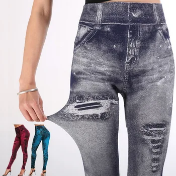 Seksi Žensk Imitacije Jeans Hlače Joge Raztegljive Slim Fitnes Dokolenke Elastična Boki, ki Teče Hulahopke Športne Hlače Priložnostne