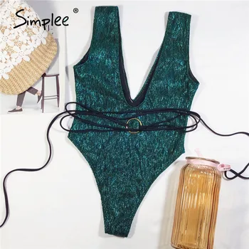 Simplee Sijoče zelene ženske kopalke enodelne bodysuits V vratu high cut kopalke ženske kopalke 2020 Povoj bikini mujer