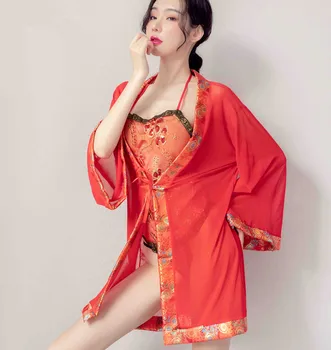 Skušnjava Tang Suknjič Z Predpasnik Klasične Rdeče Vidika Predpasnik Seksi Vezenje Kostum Set