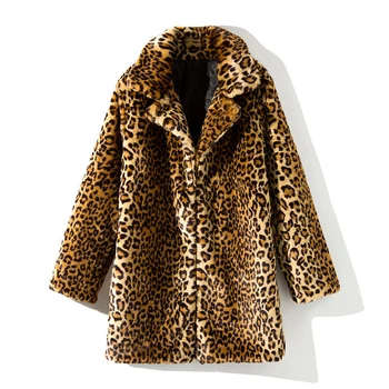Specializiranimi Za Umetno Krzno, Leopard Tiskanja Plašč Ženske Modni Seksi Vse-Se Ujemajo Sredine Dolžina Obleko Ovratnik Plašč Temperament Toplo In Udobno Plašč