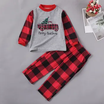 Ujemanje Družino Pižamo Določa Vesel Božič Tovornjak Vožnje Vrh in Kariran Hlače Božič Sleepwear