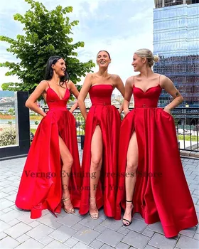 Verngo Novo 2021 Rdeče Saten Dolgo Družico Obleke Preprosto Poročno Zabavo Halje Z Rezanimi Žepi Mešani Slog Devica Čast, Obleko