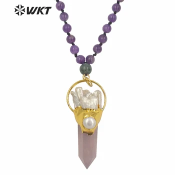 WT-N1243 Ekskluzivni design 8 mm krog a-methyst kamen ogrlica za ženske zimske vroče roza kremen velik kamen močen ogrlico, obesek